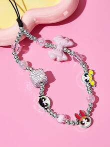 THE POWERPUFF GIRLS X SHEIN 時尚可愛卡通粉色手工串珠手機吊繩 鋅合金手機鏈 手機配件 手機吊飾珠寶 糖果色 - 彩色 - 查看 5