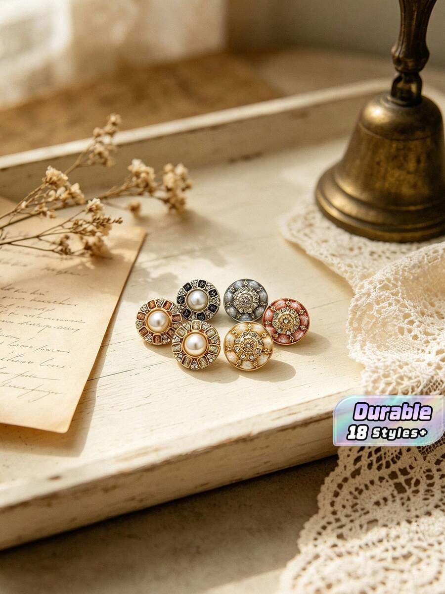 1 Pack 10 Pcs High End Hollow Rope‑Threading Metal Buttons Pearl Rhinestone Inlaid Elegant Decorative Fasteners For Fur Coats Sweaters Suits Outerwear Hand‑Sewn Clothing Sewing Accessories - 10pcs - View 1