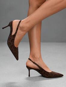 CUCCOO SZL Burgundy Dark Leopard Print Elastic Back Empty Stilettos, Women's Pointed Autumn Retro High Heels, Slingbacks - Brown - View 2