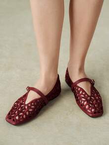 Styleloop Women's Multi-Color Hollow Carved Square Toe Mary Jane Shoes, Spring/Summer Style, Suitable For Commuting, Outdoor And Daily Wear Fall Shoes - Burgundy A - View 10