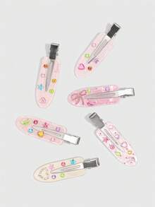 ROMWE Kawaii 6件裝甜美粉色DIY水鑽髮夾，可愛花朵與星星貼紙裝飾髮飾 - 粉色1 - 查看 6