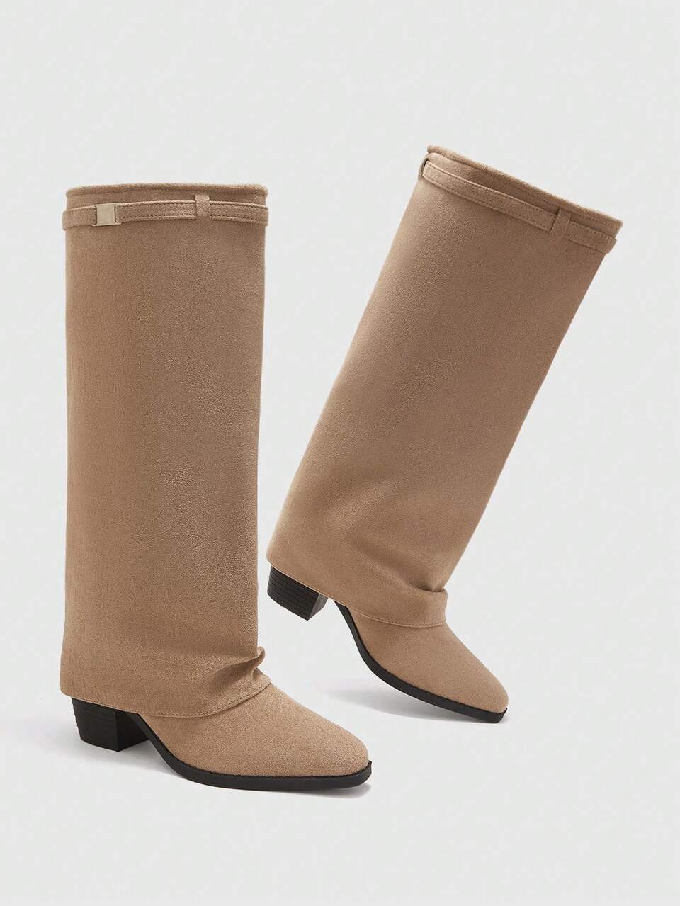 CUCCOO BIZCHIC Women Shoes Autumn And Winter Fashion Small Square Toe Thick Heel Apricot Suede Tube Wide And High Tube Pants Tube Boots Women's Long Boots Simple Fall Boots