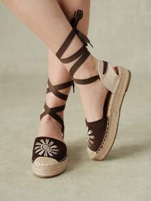 Styleloop Women's Shoes Flat Bottom Round Toe Embroidered Strap Leaky Heel Strap Beach Vacation Style Shoes Fall Shoes - Brown - View 3