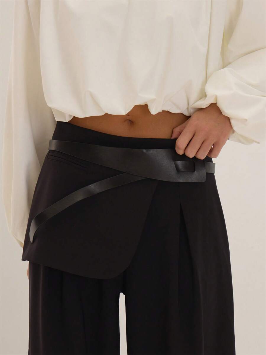 MUSEYN Black Faux Leather Wrap Thread Through Belt Fall Autumn Winter - Black - View 1