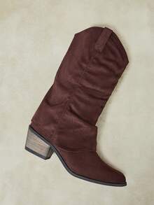 Styleloop Sepatu Boots Medium Musim Gugur/Dingin Warna Cokelat Tua Maillard Bahan Suede Lipit Berbulu Ujung Runcing Hak Tebal Gaya Vintage Lengan Longgar Western - Cokelat tua - View 9