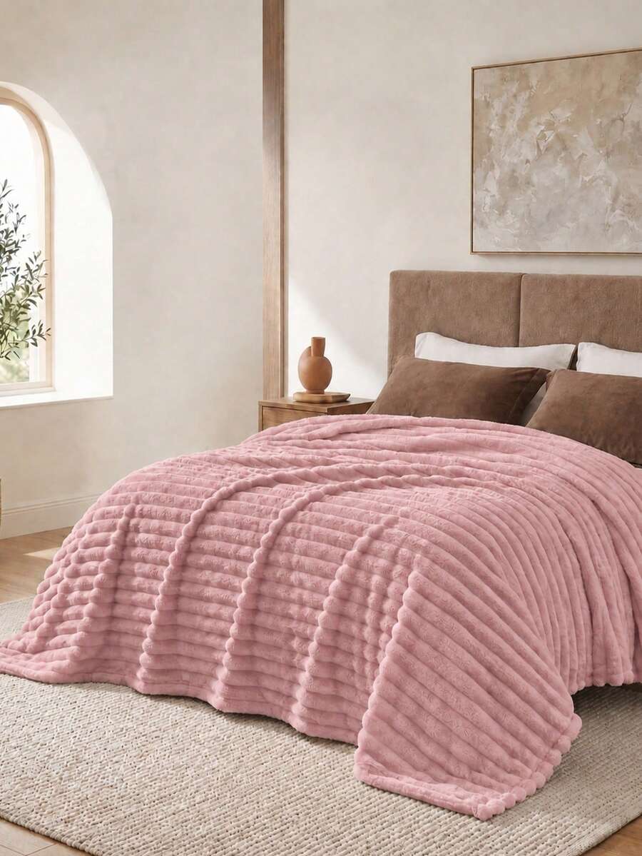 Cirelle Ultra Soft Plush Faux Fur Throw Blanket, Textured Wave Ribbed Fleece Blanket, Warm Cozy Decorative Blanket Throw For Couch, Sofa, Bed, Bedroom Decor - Bean paste color - View 1