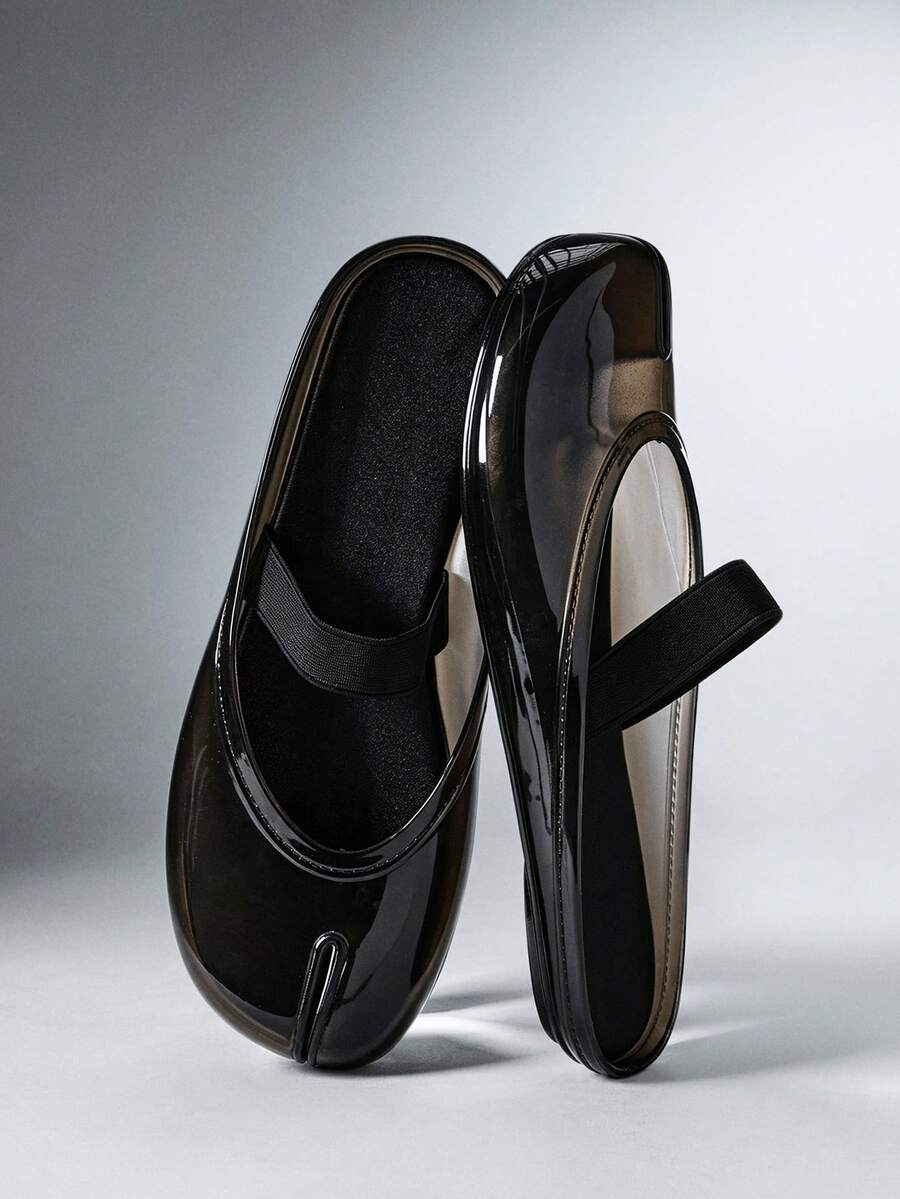 SHEIN SHUZIA Sandal Selop Wanita dengan Ujung Jari Terpisah dan Kristal Jelly, Sandal Selop Luar Ruangan Model French Closed Toe - Hitam - View 1