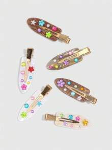 ROMWE Kawaii 6PCS Fashion Coffee DIY Rhinestone Hair Clips, Cute Flower & Star Sticker Decor Barrettes - coffee color - View 6