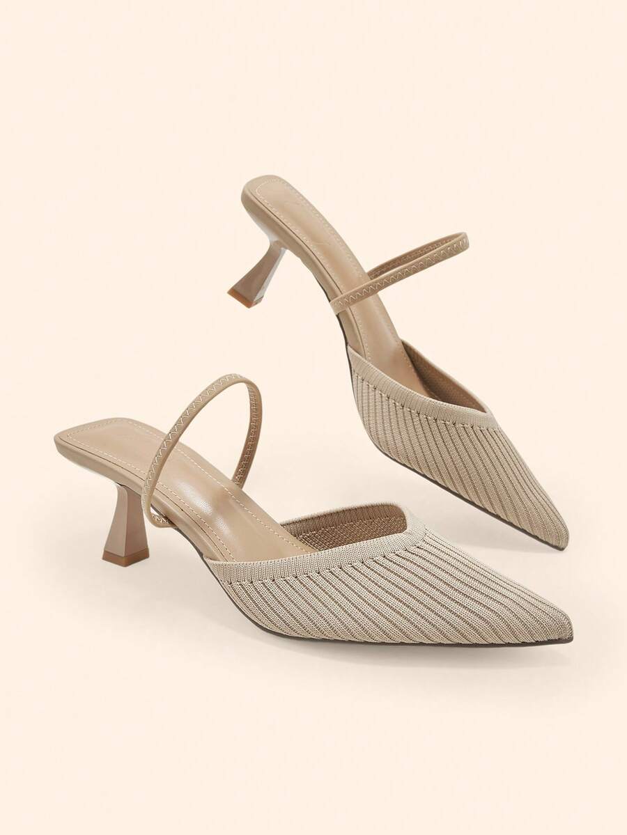 CUCCOO BASICS Women's Fashion Pointed V-Cut Fabric Woven Striped Surface. 3 Elastic Rear Strap Empty Shoes. Painted Medium-High Wine Glass Heel, Breathable - Khaki - View 1