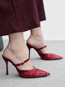 CUCCOO BIZCHIC 簡約後空扣帶細跟高跟鞋，日常通勤百搭女鞋 - 網紗酒紅 - 查看 5