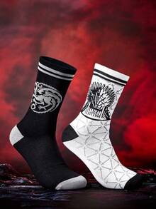Game of Thrones X SHEIN جوارب أنبوبية متوسطة للرجال 2 زوج بنمط التنين - أبيض وأسود - مشاهدة 3