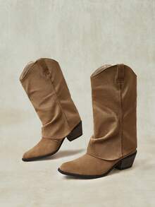 Styleloop Khaki Imitation Suede Pleated Flanged Western Cowboy Boots Pointed Toe Square Thick Heel Retro Stacked Medium Boots Autumn And Winter Fall Boots - Khaki - View 8