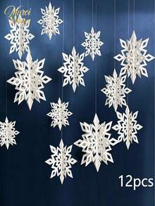 Muroi Mono 3D Paper Snowflake String Pendant - Christmas Decorations For Home, Room, And Shopping Mall Window - Hanging Snowflake Charm With Delicate Design - White three-dimensional snowflake pendant cover - View 10