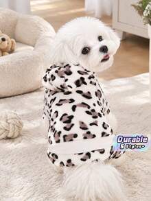 Pet Dog Cat Hooded Four Leg Jumpsuit, White Leopard Print Plush Puppy Outfit, Warm Winter Clothes For Small Pets XS-XL - Light leopard print - View 1