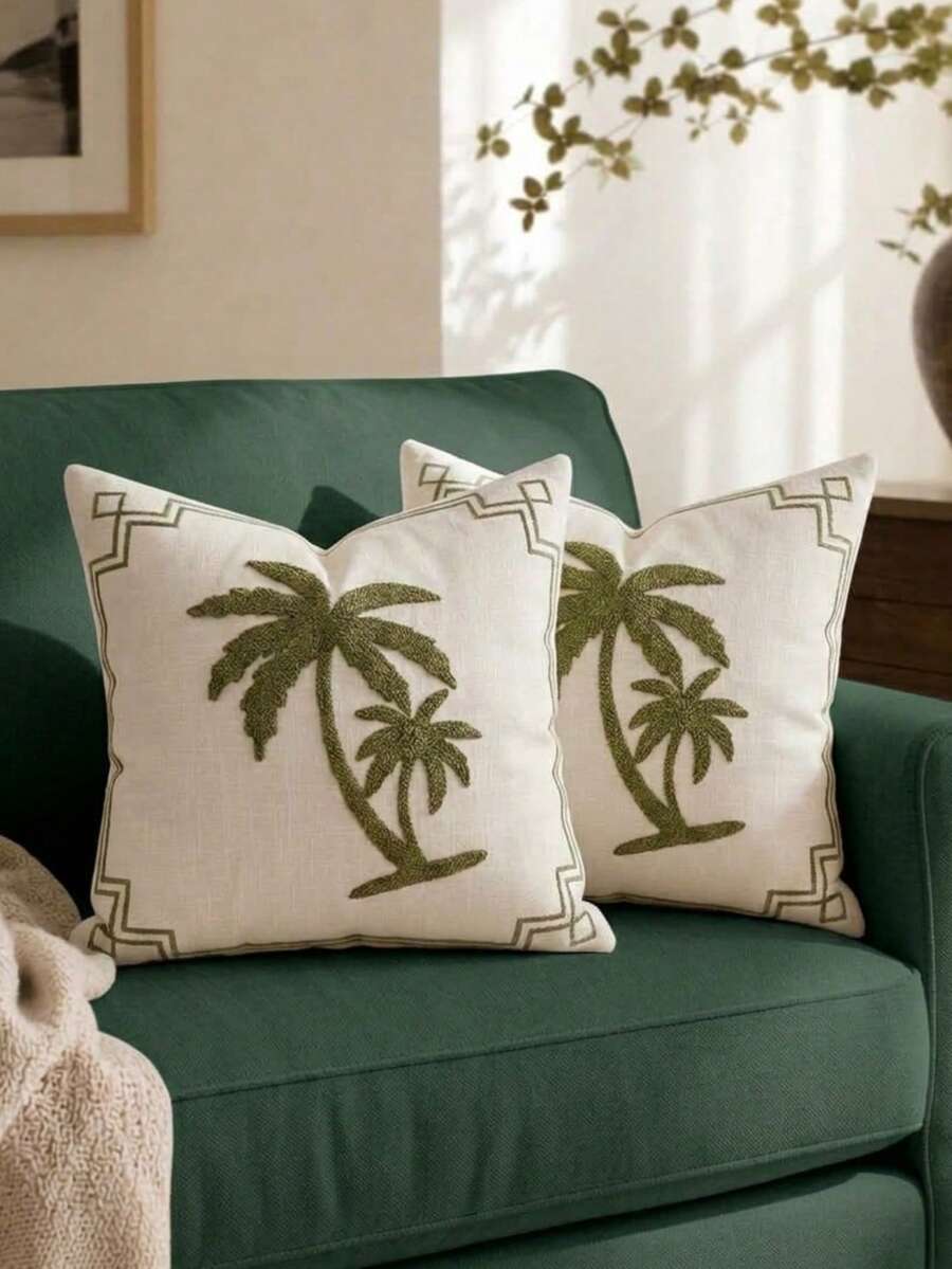 Cirelle 1件/2件裝 熱帶棕櫚樹裝飾抱枕套 橄欖綠刺繡靠墊套 帶邊飾 適用沙發床家居裝飾(不含枕芯) - 白色 - 查看 1