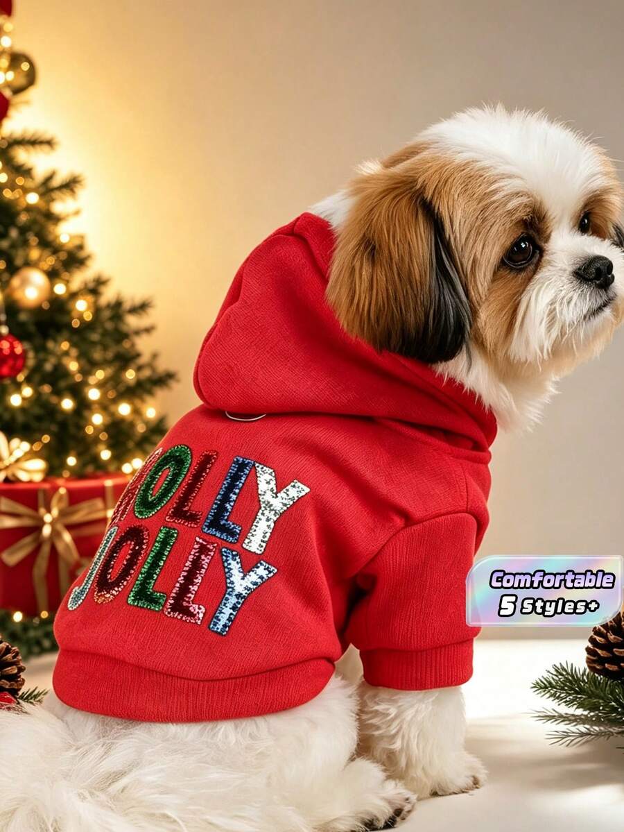 1件裝聖誕寵物連帽衛衣,薑餅屋馴鹿 JOY & Holly Jolly 亮片刺繡狗咪衛衣,保暖抓地設計小狗貓咪衣服 - holly - 查看 1