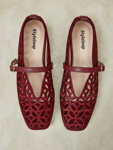 Styleloop Women's Multi-Color Hollow Carved Square Toe Mary Jane Shoes, Spring/Summer Style, Suitable For Commuting, Outdoor And Daily Wear Fall Shoes - Burgundy A - View 7