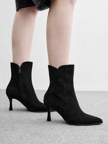CUCCOO BIZCHIC Women's V-Notch Boots With Slim Heels And High Heels, Commuting Suede Short Boots, Versatile For Daily Use - Black - View 2