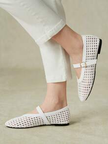 Styleloop Women Shoes French Minimalist Style Women Spring And Summer Commuting Hollowed Out Woven Single Metal Buckle Round Toe Low Vamp Breathable Fall Shoes - White - View 8