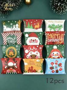 Muroi Mono Multi‑Pack Pillow‑Shaped Christmas Paper Gift Boxes, Cartoon‑Style Festive Design, Printed With Santa Claus, Snowmen And Elks, Suitable For Packaging Candies, Small Gifts And Party Favors - View 12