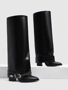 CUCCOO SZL Women's Black Autumn And Winter Pointed Square Root Simple Fashion Versatile Skinny Sleeve Patent Leather Knee Boots - Black - View 1