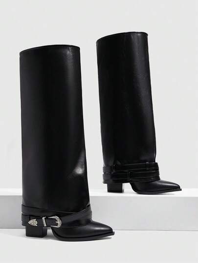 CUCCOO SZL Women's Black Autumn And Winter Pointed Square Root Simple Fashion Versatile Skinny Sleeve Patent Leather Knee Boots