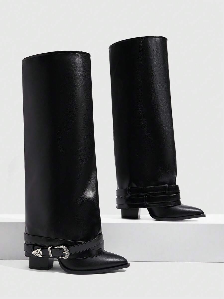 CUCCOO SZL Women's Black Autumn And Winter Pointed Square Root Simple Fashion Versatile Skinny Sleeve Patent Leather Knee Boots - Black - View 1