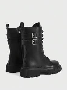 Sugerpunk Dark Rock Punk Goth Boots Lace-Up Rider Boots Low Heel Side Zipper Motorcycle Boots Ladies Boots And Boots Fall Shoes - Black/Medium Cylinder - View 10