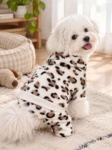 Pet Dog Cat Hooded Four Leg Jumpsuit, White Leopard Print Plush Puppy Outfit, Warm Winter Clothes For Small Pets XS-XL - Light leopard print - View 4
