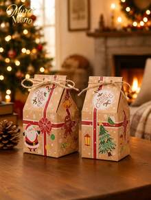 Muroi Mono Christmas Milk-Shaped Kraft Gift Bags Printed With Santa Claus, Snowmen And Little Trains, In A Vintage Festive Style, For Christmas Gift Exchanges And Party Candy Packaging - View 9