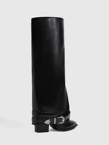 CUCCOO SZL Women's Black Autumn And Winter Pointed Square Root Simple Fashion Versatile Skinny Sleeve Patent Leather Knee Boots - Black - View 3
