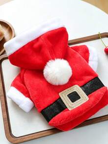 1Pc Pet Christmas Hooded Costume, Gingerbread Man & Santa Claus Design, Soft Plush Dog Cat Outfit For Small Pets Xmas Party Dress‑Up - Santa Claus - View 4