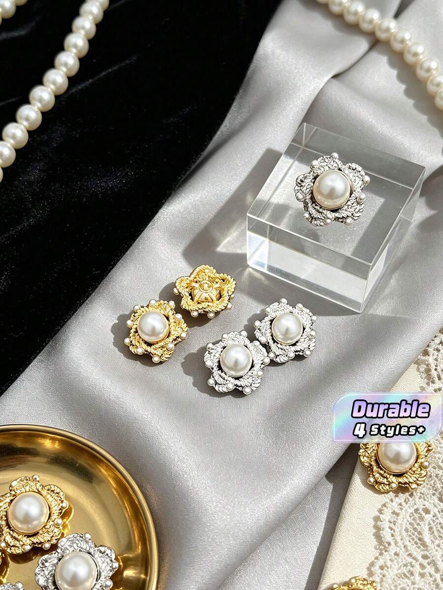1 Pack 10 Pcs Palace Style Flower Shaped Pearl Metal Buttons Decorative Fasteners For Suits Coats Outerwear Sweaters Fur Garments Hand‑Sewn Clothing Sewing Accessories - 10pcs - View 1