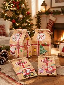Muroi Mono Christmas Milk-Shaped Kraft Gift Bags Printed With Santa Claus, Snowmen And Little Trains, In A Vintage Festive Style, For Christmas Gift Exchanges And Party Candy Packaging - View 10