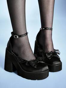 Sugerpunk Women Shoes Fashion Slope Heel Platform Shoes, Punk Style Gothic Dark Buckle With Rivet Inlay, Lace Mesh Splicing Bow Decoration, Nightclub Party Sexy Fall Shoes - Huai flail black - View 6