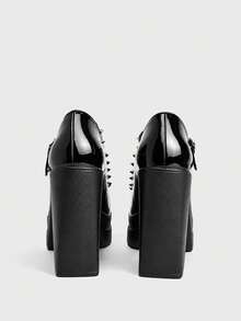 Sugerpunk Women Shoes Fashionable And Sexy Platform High-Heeled Shoes, Punk Gothic Solid Color Rivet Inlay Design, Bat Embroidery, Classic Party, Vacation Fall Shoes - Matte Black - View 8