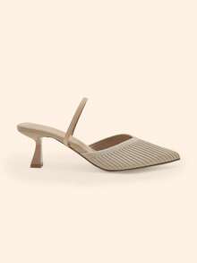 CUCCOO BASICS Women's Fashion Pointed V-Cut Fabric Woven Striped Surface. 3 Elastic Rear Strap Empty Shoes. Painted Medium-High Wine Glass Heel, Breathable - Khaki - View 2