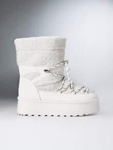 SHEIN Solezae Women Shoes Winter Boot Fuzzy Lace Up Round Toe Faux Fur Beige Winter Bootie For Christmas - Beige - View 2