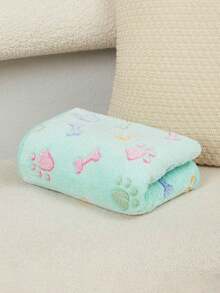 PETSIN 1pc Cute Colorful Footprints And Colorful Bone Patterns Light Green Bottom Pet Blanket Soft And Comfortable Flannel Warm Pet Bed Cover - Colored bone footprints in green - View 12