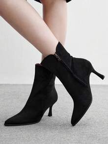 CUCCOO BIZCHIC Women's V-Notch Boots With Slim Heels And High Heels, Commuting Suede Short Boots, Versatile For Daily Use - Black - View 3