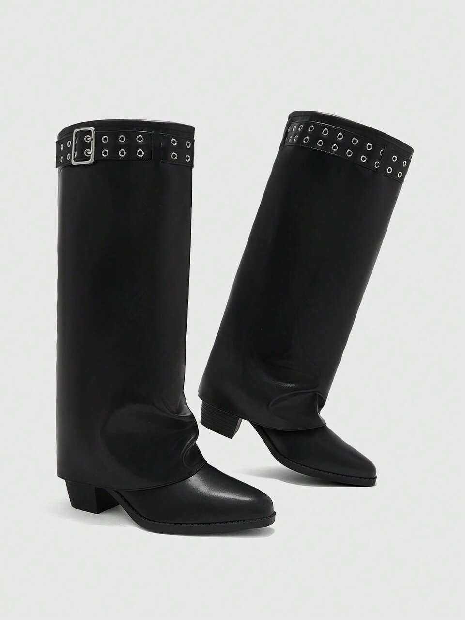 CUCCOO BIZCHIC Women Shoes Autumn And Winter Fashion Small Square Toe Thick Heel Black Buckle Tube Wide And High Tube Pants Tube Boots Women's Long Boots Simple
