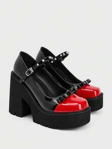 Sugerpunk Women Shoes Fashion Slope Heel Platform Shoes, Punk Style Gothic Dark Buckle With Rivets Inlaid Red And Black Splicing, Nightclub Party Sexy Fe Fall Shoes - red and black - View 3