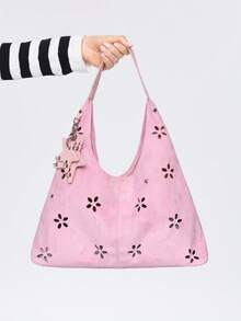 ROMWE Ladies Shoulder Bag, Y2K Sweet And Cool Spice Girl Star Hardware, Hollow Flower Pattern Design Hobo Bag, Suitable For Daily Commuting, Shopping Fashio - Pink - View 2