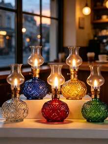 1pc Vintage Windproof Adjustable Glass Oil Lamp, Indoor Outdoor Retro Decor Lamp, Camping Festival Home Ornament, Fuel Not Included - Kerosene Lamp - View 2