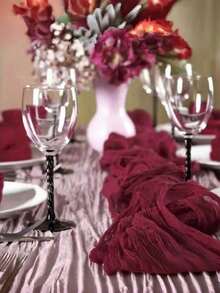 1pc Bali Style Pink Pleated Table Runner, Bohemian Twisted Gauze Polyester Blend Fabric, Versatile Christmas Wedding Birthday Party Table Decoration - Burgundy - View 7