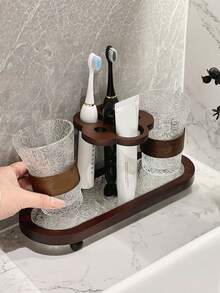 Tempat Penyimpanan Sikat Gigi & Pasta Gigi Gaya Kuno, Tempat Kumur Bergaya Retro yang Terintegrasi dengan Rak Meja Wastafel Kamar Mandi - Coklat - View 2