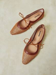 Styleloop New, Breathable And Hollow, Square Toe Bow Design, Women's Flat Shoes, Casual And Versatile, A Must For Commuting - Brown yarn brown leather - View 4