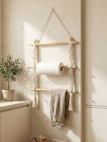 Cirelle Macrame Towel Holder Wall Hanging, 3-Tier Wooden Rod Blanket Ladder & Towel Rack, Boho Rope Wall Hanging Organizer For Bathroom, Bedroom, Living Room Decor - White - View 2