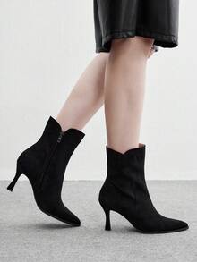 CUCCOO BIZCHIC Women's V-Notch Boots With Slim Heels And High Heels, Commuting Suede Short Boots, Versatile For Daily Use - Black - View 5