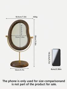 1Pc Asymmetrical Wavy Wooden Tabletop Makeup Mirror, Dark Brown Frame 360° Rotatable Desk Vanity Mirror, Gold/Black Metal Bracket Desktop Cosmetic Mirror For Bedroom Dresser Decor - Multicolor - View 2